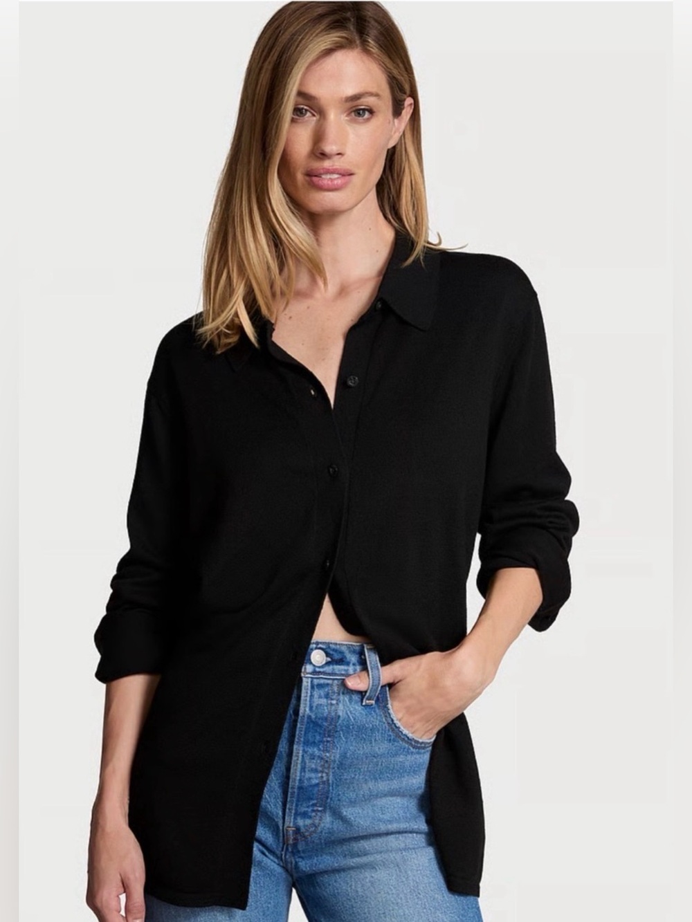 💙 NWT Victoria’s Secret Black Button Up Collared Sweater - Medium (01507)
